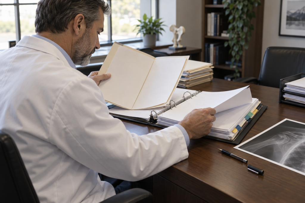 A physician reviewing a referral folder and medical records at a desk in a private office.