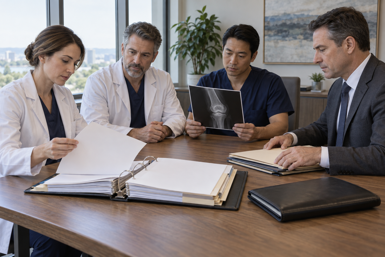 Physicians reviewing medical records with an attorney in a conference room