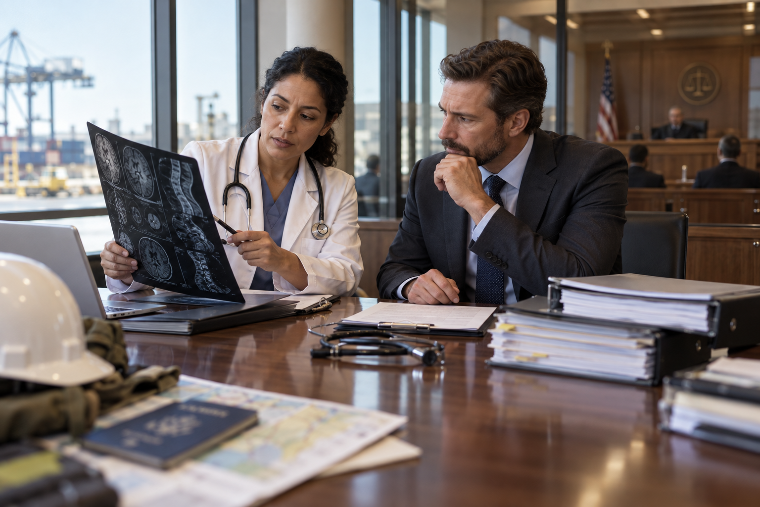 Attorney and physician reviewing medical records for an overseas contractor workers’ compensation claim.