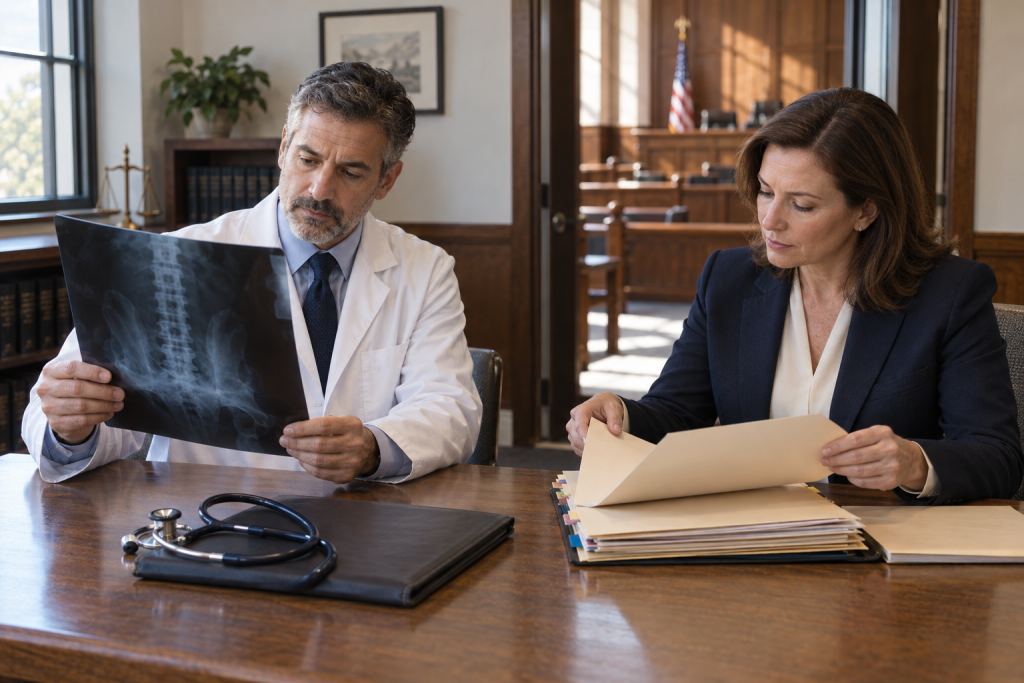 Physician and attorney reviewing medical records in a courthouse consultation room.