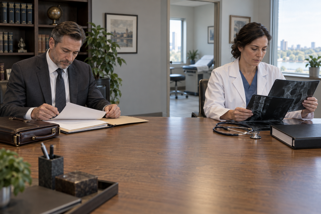 Physician and attorney reviewing separate folders of medical records in a medical-legal office.