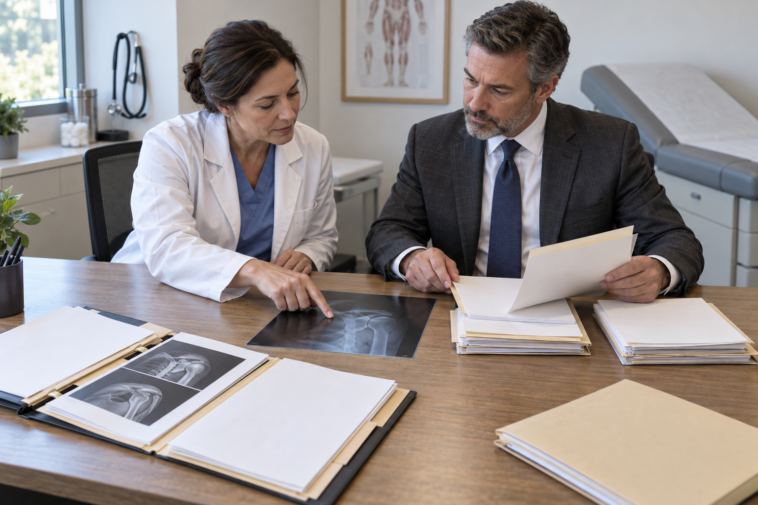 Physician and attorney arranging medical records in a private examination office.